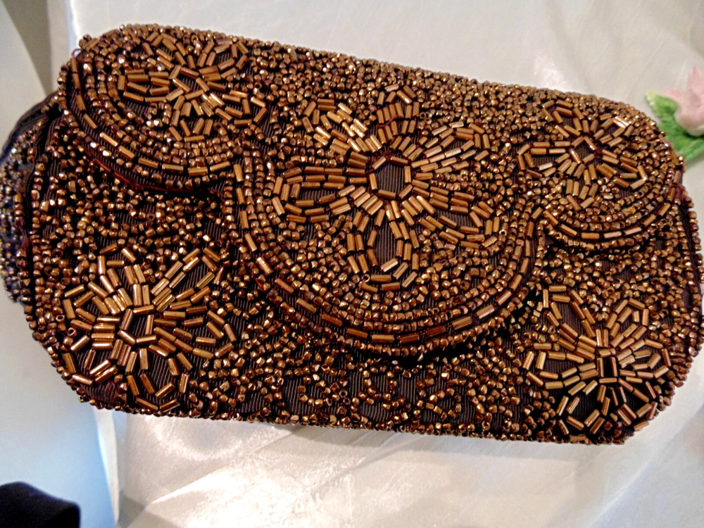 Vtg Deco Brown Copper Bronze Beaded Box Purse Scallop Flap Handbag Evening Bag